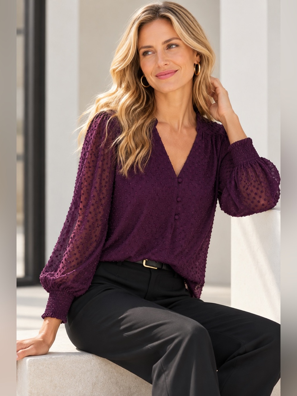 NWT Calvin Klein Plum Swiss Dot Sheer Sleeve Blouse Size L